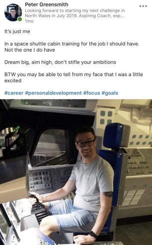 Pete in a space shuttle with text from LinkedIn post